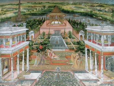 Eine Mogul-Prinzessin wird von weiblichen Dienerinnen in einem Palastgarten in Rajasthan unterhalten, 1700 von Rajput School